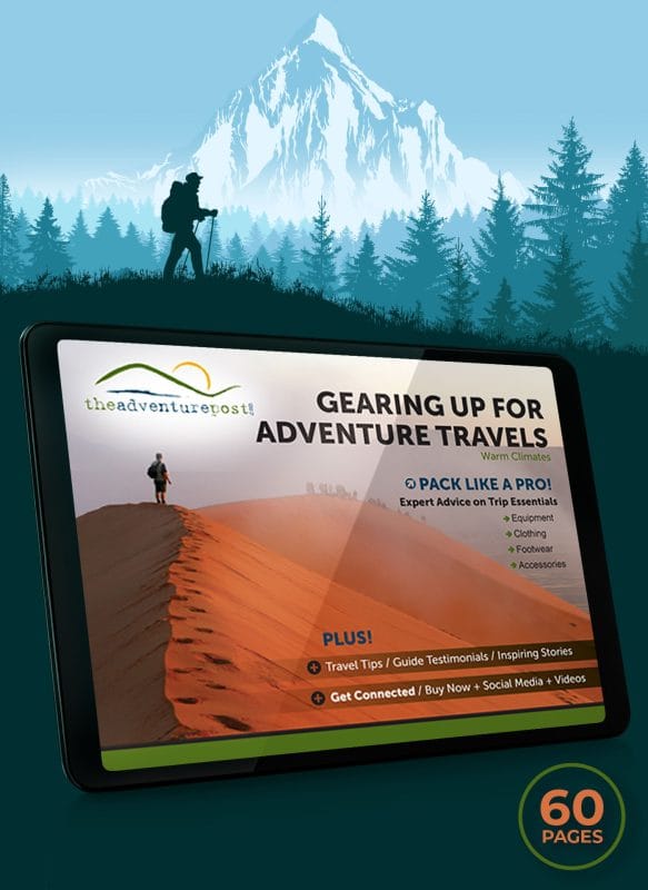 Adventure Post digital product catalog cover displayed on tablet featuring hiking and travel gear guide