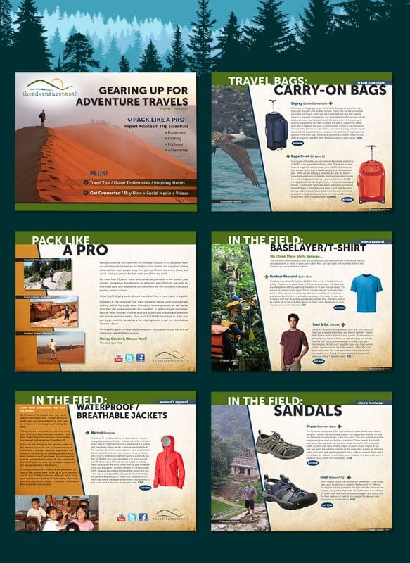 Adventure Post product catalog pages showcasing hiking gear, travel essentials, apparel, and footwear with lifestyle imagery