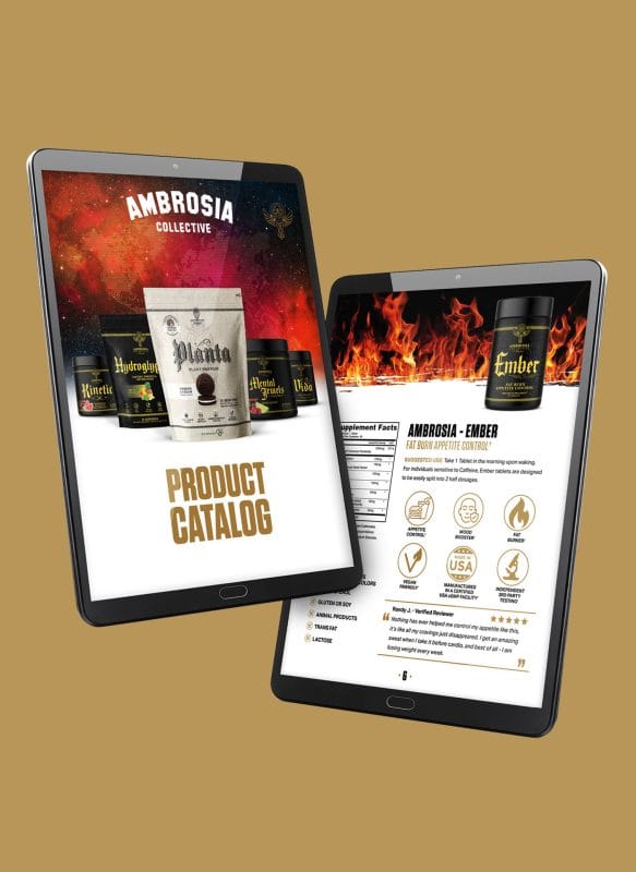 Ambrosia Collective product catalog displayed on tablets featuring supplement branding and product detail page design