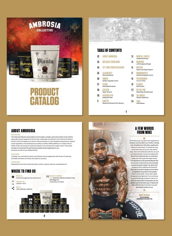 Supplement catalog design for Ambrosia Collective featuring premium wellness products, branded layouts, fitness photography, and product education pages