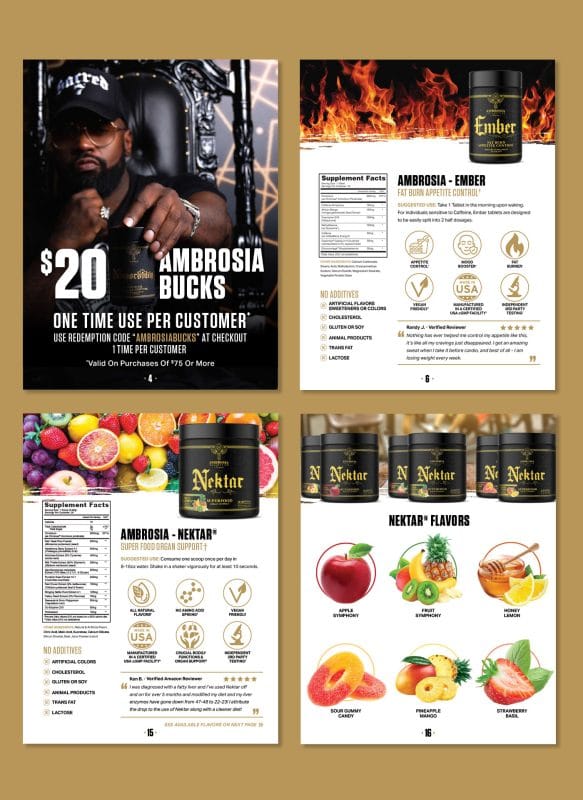 Editorial catalog spreads for Ambrosia supplements featuring product benefits, flavor showcases, nutritional facts, and promotional marketing layouts