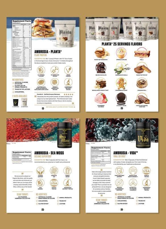Health supplement catalog design for Ambrosia Collective featuring plant protein, sea moss, immune support products, and flavor variety pages