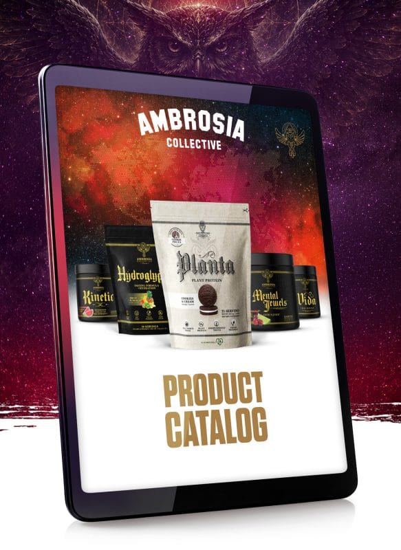 Vertical tablet mockup displaying the Ambrosia Collective product catalog cover against a cosmic galaxy background with a large owl illustration and premium supplement packaging.