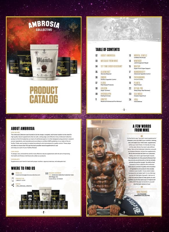 Ambrosia Collective catalog spreads featuring the table of contents, brand introduction, and a fitness lifestyle editorial page with gold framed layouts on a galaxy background.