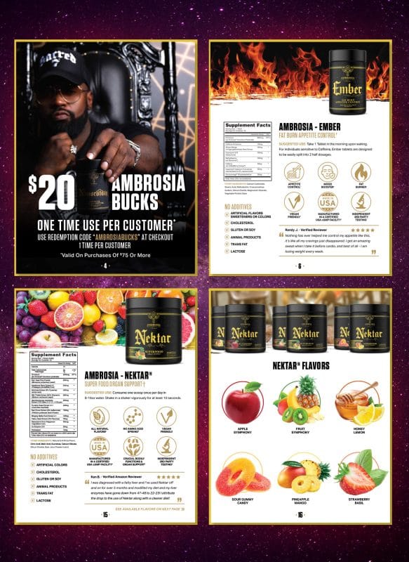 Supplement catalog spreads showcasing promotional campaign graphics, Ember fat burner product details, and Nektar flavor pages with fruit-inspired imagery and premium gold typography.