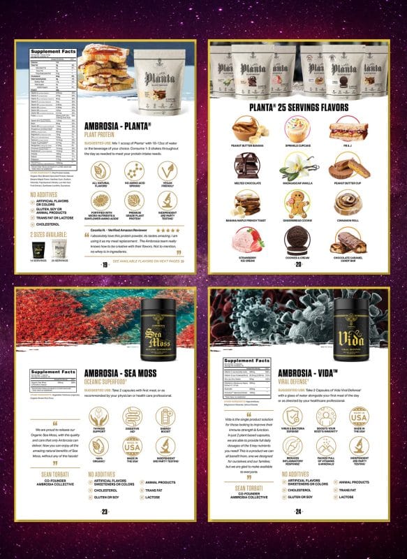 Ambrosia Collective catalog spreads featuring Planta protein flavor options, Sea Moss supplements, and Vida viral defense product layouts with clean ecommerce-focused design.