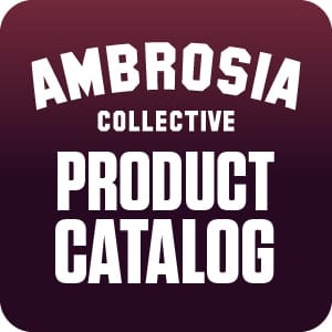 Ambrosia Collective product catalog cover for downloadable PDF showcasing full product lineup on a large purple gradient icon