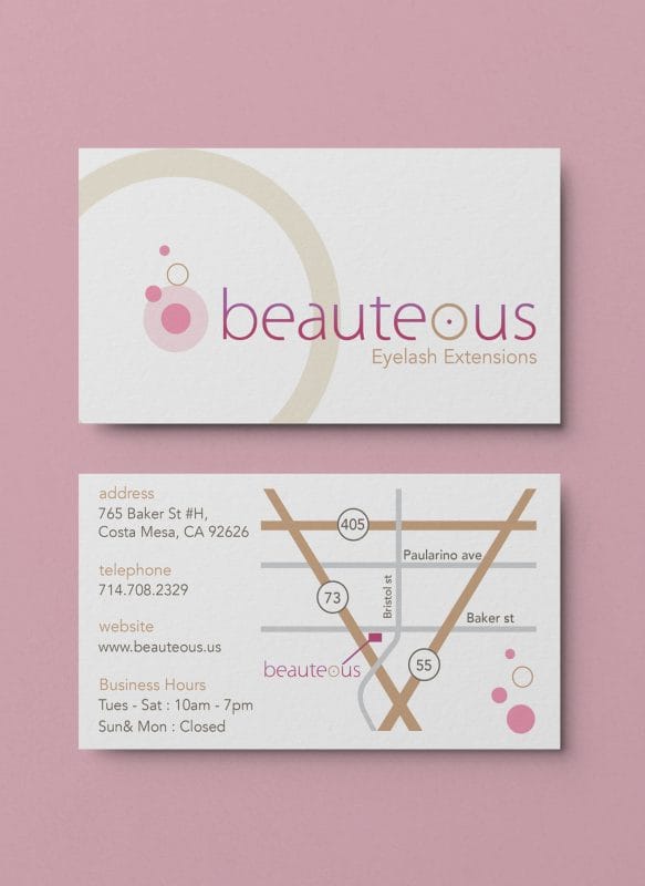 Front and back business card design for Beauteous eyelash extension salon with logo, contact details, and custom illustrated map.