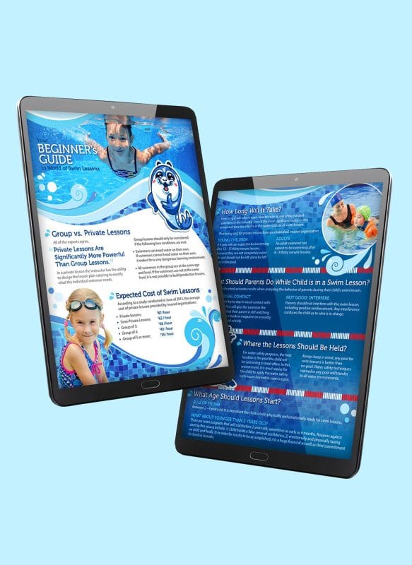 Two-sided swim lessons flyer displayed on tablet mockups showing front and back layouts for a beginner swimming course guide