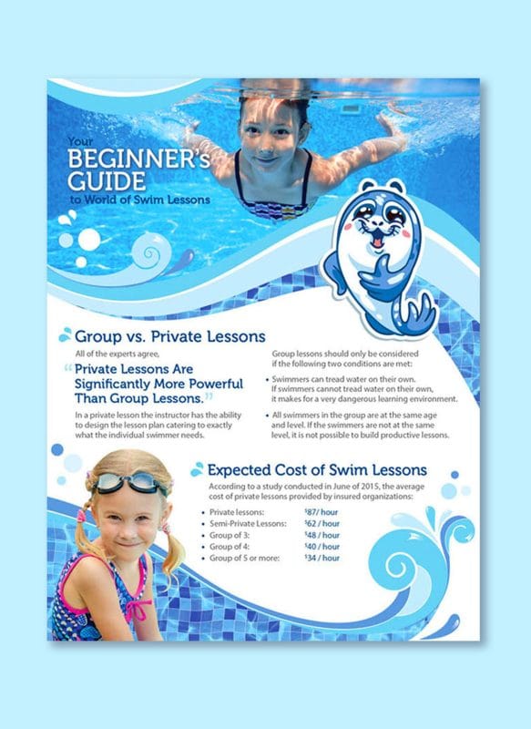 Swimming lessons flyer design featuring a child underwater, beginner guide content, and pricing comparison for group vs private swim lessons