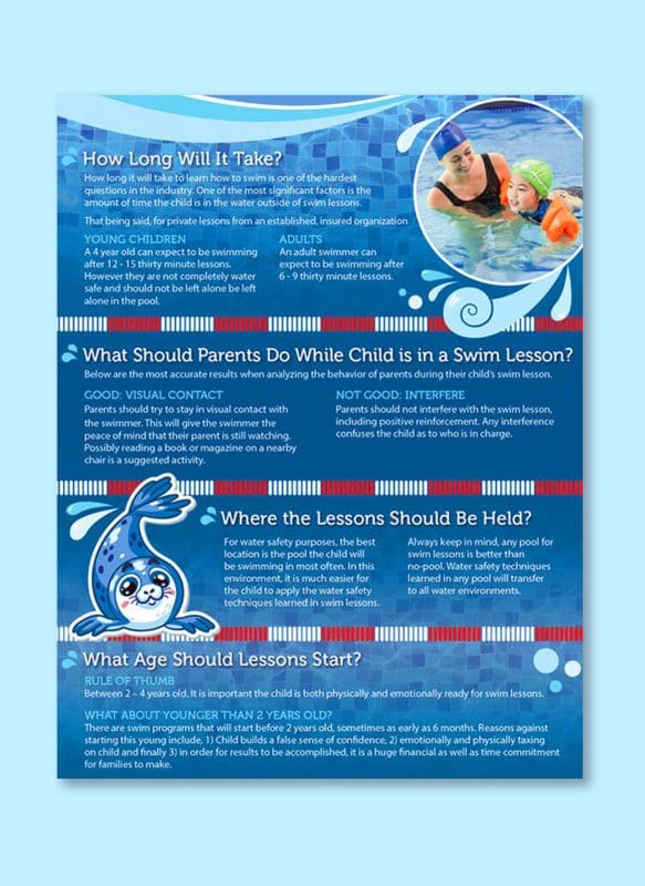 Swimming lessons informational flyer with timelines, parent tips, lesson locations, and age recommendations in a blue water-themed layout