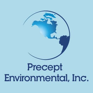 Precept Environmental Inc. logo featuring a stylized globe icon with clean blue typography on a light blue background