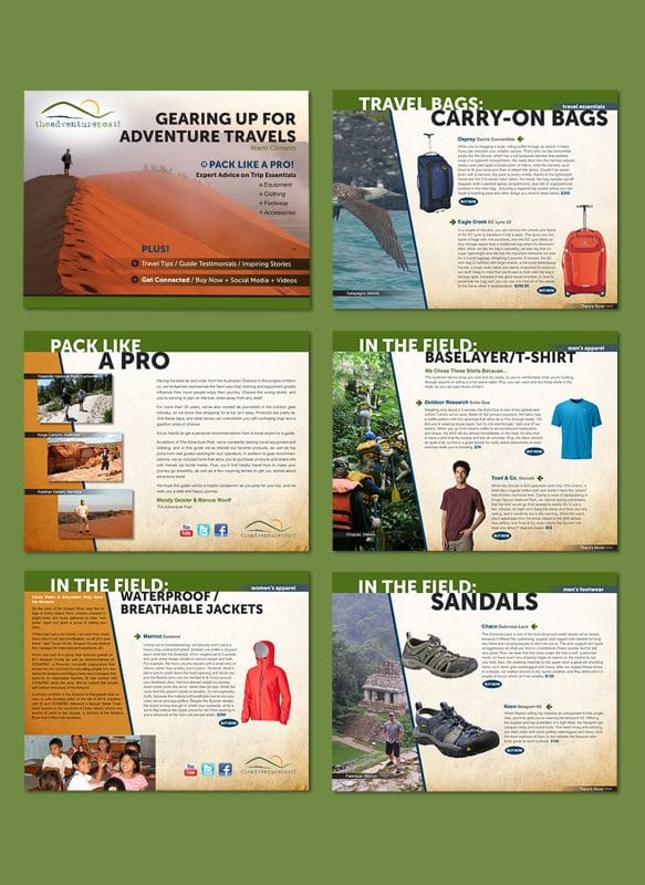 Adventure Post product catalog pages showcasing hiking gear, travel essentials, apparel, and footwear with lifestyle imagery