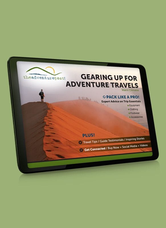 Adventure Post digital product catalog cover displayed on tablet featuring hiking and travel gear guide