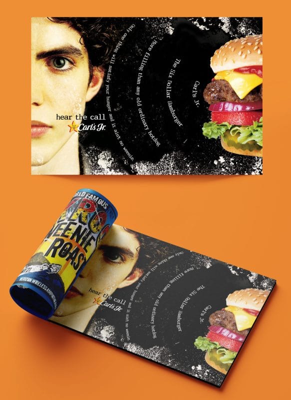 Carl’s Jr. concert poster design featuring a split composition of a man’s face and a cheeseburger with grunge textures and “Hear the Call” campaign messaging, shown as a printed poster mockup