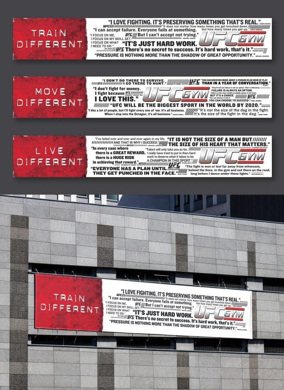 UFC Gym promotional banners with bold motivational quotes and “Train Different” messaging displayed on exterior building signage