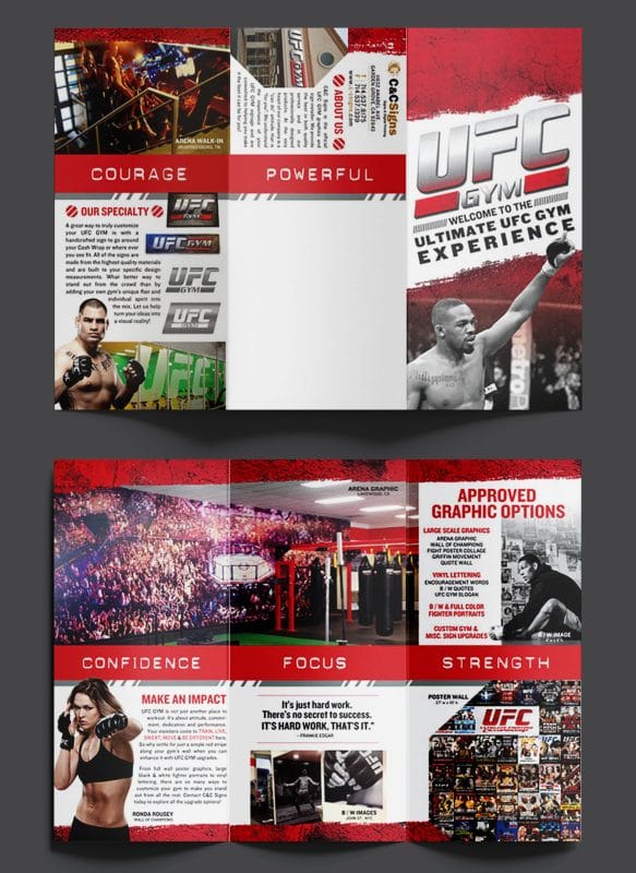 UFC Gym trifold marketing brochure showcasing custom signage services, gym branding visuals, and bold red, black, and white design