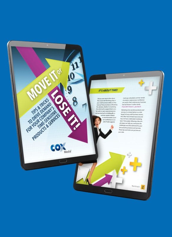 Tablet mockup displaying a COX Media digital guide titled “Move It or Lose It,” featuring bold directional arrows, a clock graphic, and messaging about time-sensitive marketing strategies.