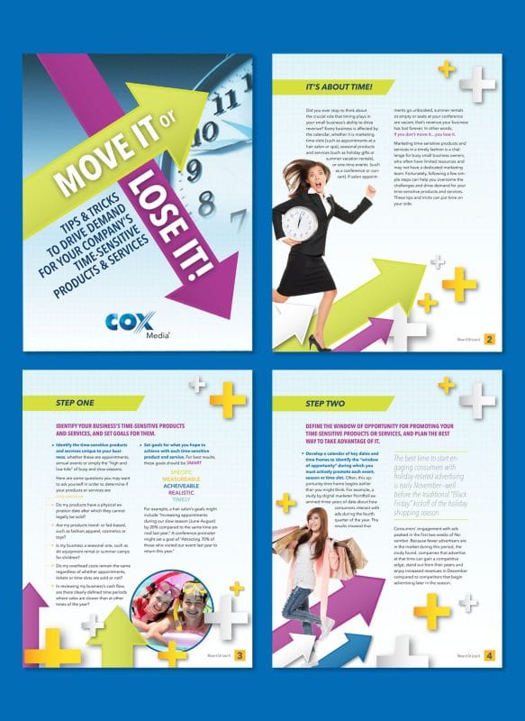 Corporate marketing catalog design for Cox Media featuring colorful layouts, seasonal advertising strategies, and business growth planning content