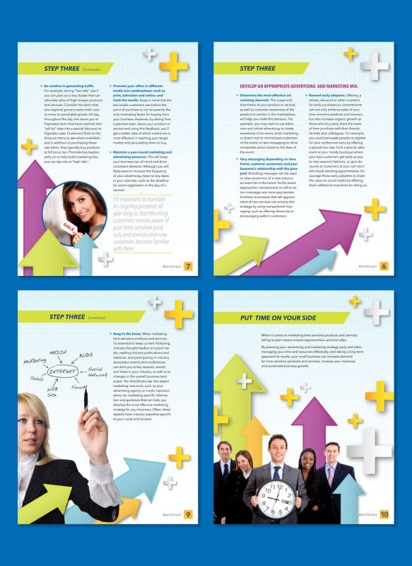 Editorial brochure layout for Cox Media showcasing time-sensitive marketing tips, advertising strategy guides, and promotional business planning