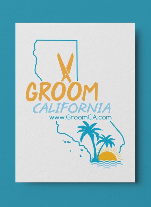 Groom California logo featuring state outline, scissors icon, palm trees, and sunset design in blue and orange.