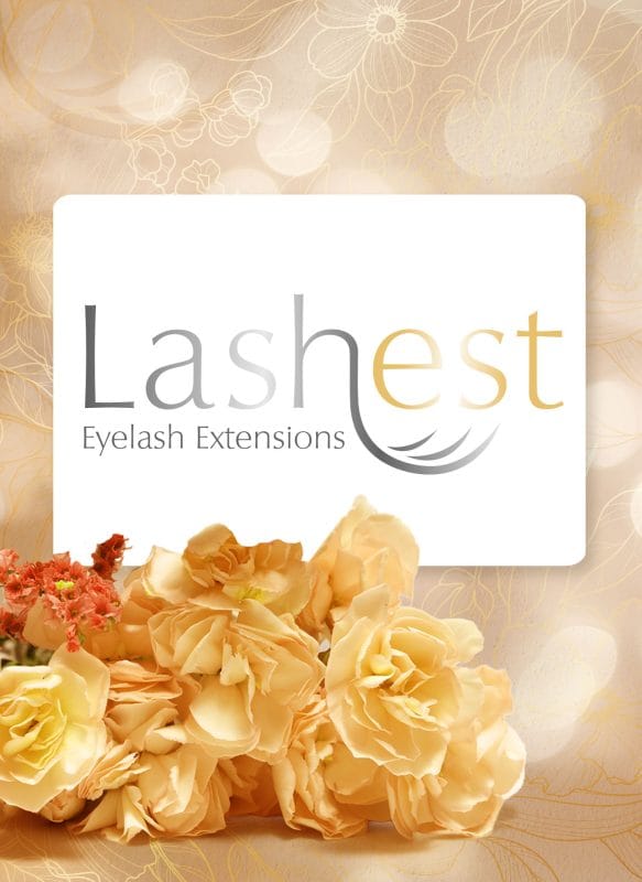 Lashest Eyelash Extensions logo mockup with soft floral accents, and a clean beige beauty-inspired background.