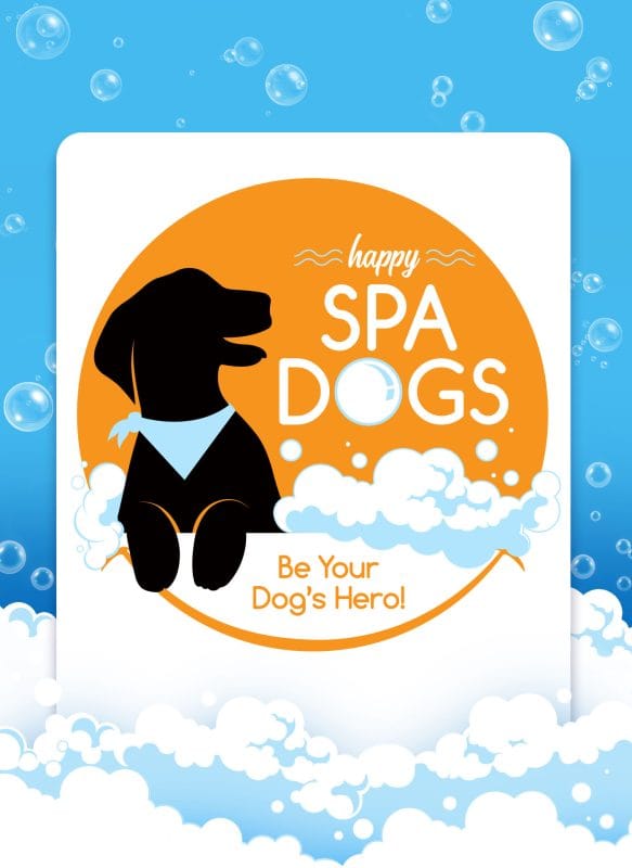 Happy Spa Dogs logo design featuring a black dog silhouette relaxing in a bubble bath with blue soap bubbles, an orange circular background, and the tagline “Be Your Dog’s Hero!”