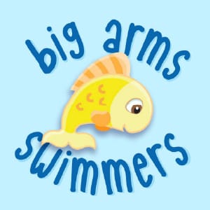 Big Arms Swimmers logo icon featuring a cute cartoon fish with playful blue lettering on a light background