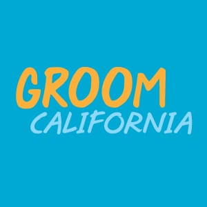 Groom California wordmark logo in orange and blue, simple branding for pet grooming business in California.