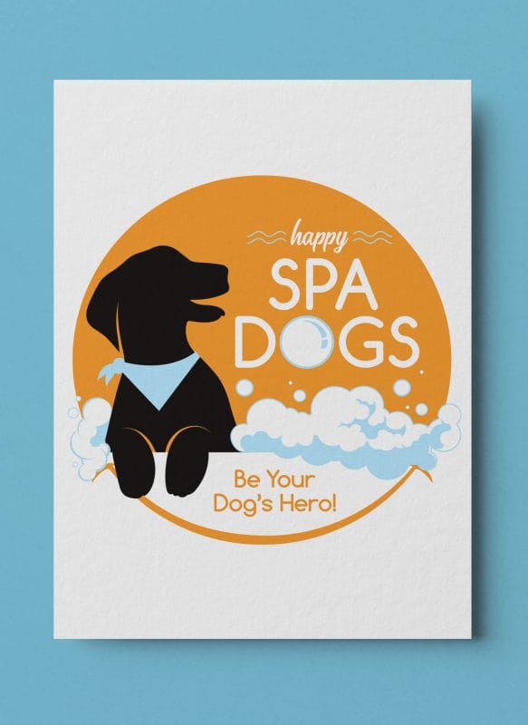 Happy Spa Dogs logo featuring a dog silhouette in a spa bath with bubbles and the tagline “Be Your Dog’s Hero” on a clean background