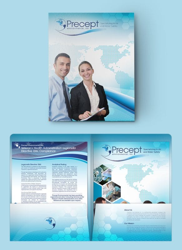 Precept Environmental presentation folder design with coordinated informational flyers featuring blue gradients, world map graphics, and professional business imagery