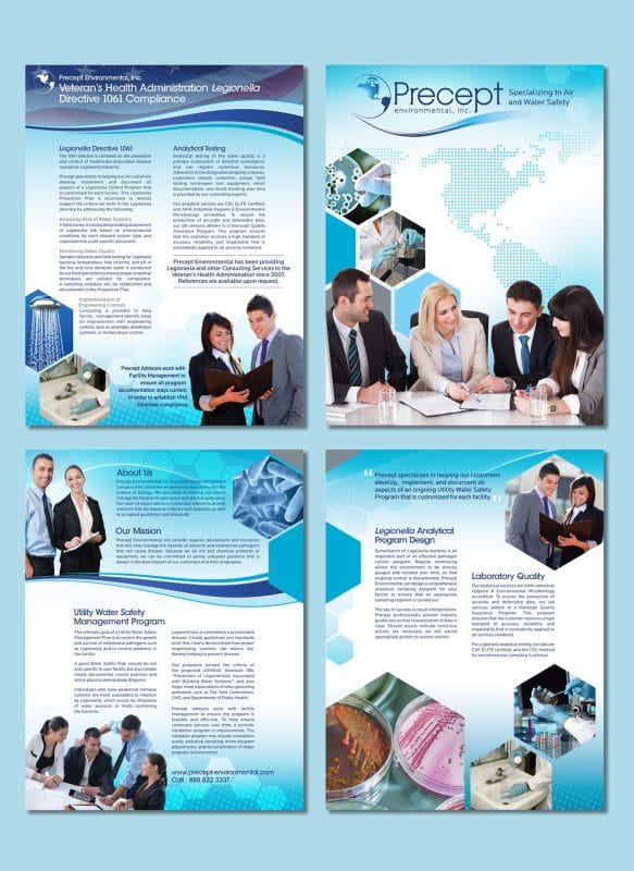 Precept Environmental informational flyers highlighting Legionella compliance and company services with structured layouts, icons, and professional team photography