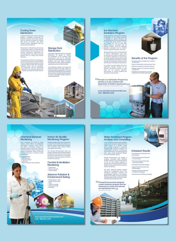 Set of Precept Environmental service flyers detailing water safety programs, laboratory testing, and consulting services using clean layouts, blue color palette, and technical imagery