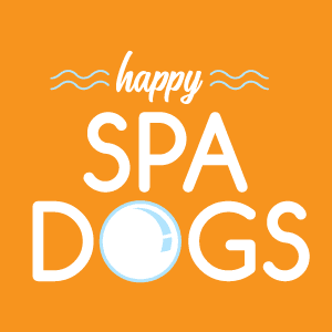 Happy Spa Dogs logo in white typography on orange background