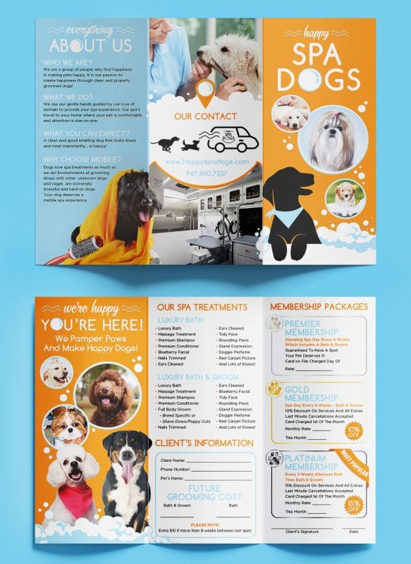 tri-fold brochure design for mobile dog grooming spa, featuring pet care services, pricing, and playful branding layout