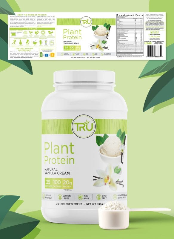 TRU Supplements plant protein packaging design featuring natural vanilla cream flavor with clean green branding, botanical imagery, and product label layouts.