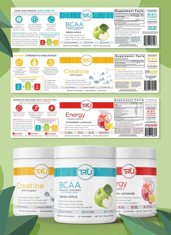 “TRU Supplements performance supplement lineup featuring BCAA, creatine, and energy formulas with colorful flavor-based packaging and coordinated label designs
