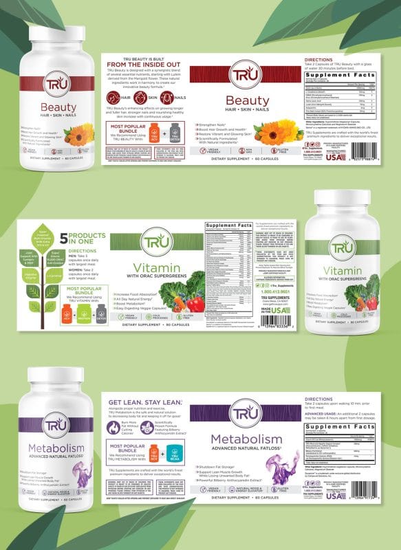TRU Supplements wellness product lineup featuring beauty, vitamin, and metabolism supplements with clean layouts, color-coded branding, and lifestyle-focused packaging.