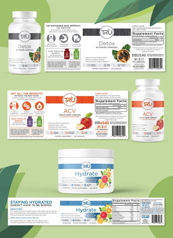 TRU Supplements detox, apple cider vinegar, and hydration supplement packaging featuring colorful ingredient imagery, clean layouts, and cohesive wellness branding.