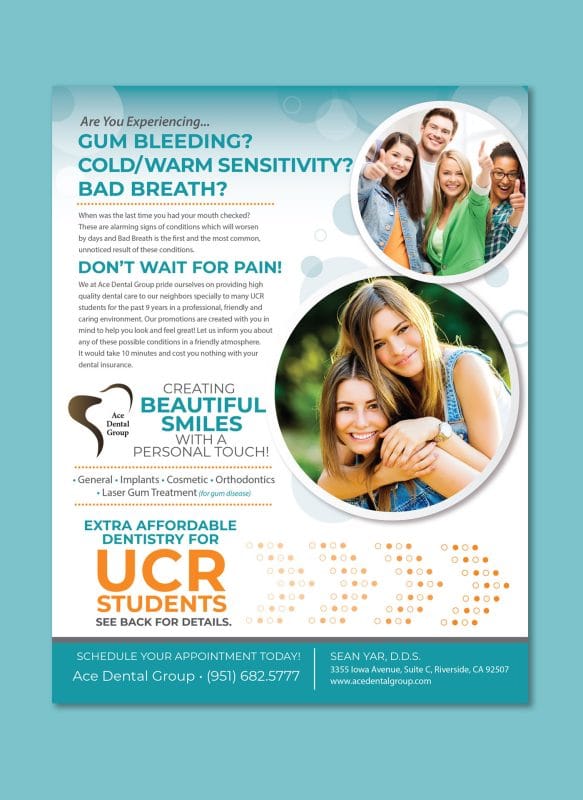 Ace Dental Group dental flyer highlighting gum bleeding, sensitivity, and bad breath with student-focused dental services and smiling patients