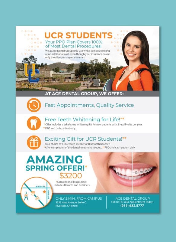 Ace Dental Group flyer promoting discounted dental services for UCR students with campus imagery, pricing, and special offers