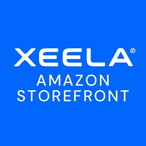 Minimal blue and white logo design for Xeela Amazon Storefront featuring clean modern typography on a bright blue background