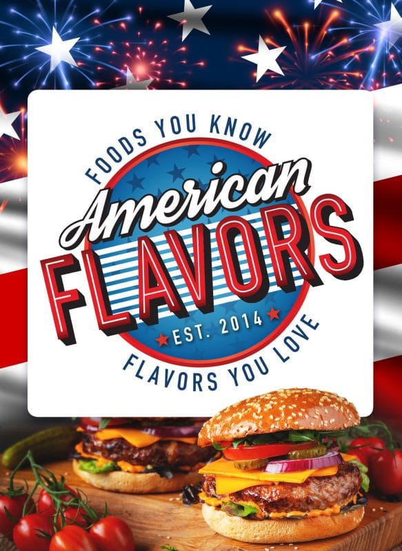 American Flavors food truck logo displayed over patriotic diner-themed imagery with burgers, fireworks, and vintage Americana colors.