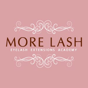 More Lash Eyelash Extensions Academy logo featuring elegant typography and ornamental flourishes on soft pink background
