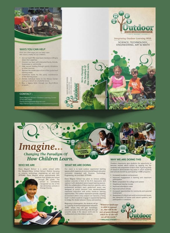 Tri-fold brochure design for Davis Magnet School Outdoor STEAM Learning Center featuring children gardening, educational graphics, and eco-themed layouts