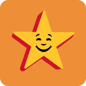 Large Carl’s Jr. smiling star logo icon with yellow star and red outline on orange background