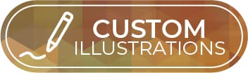 Abstract gold and orange portfolio button with pencil illustration icon and “Custom Illustrations” text.