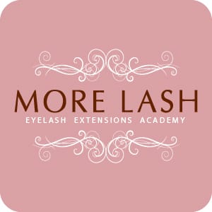 Large More Lash Eyelash Extensions Academy logo featuring elegant typography and ornamental flourishes on soft pink background