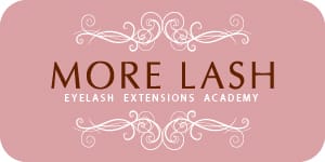 Small More Lash Eyelash Extensions Academy logo featuring elegant typography and ornamental flourishes on soft pink background