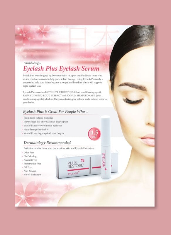 Eyelash Plus serum flyer design featuring Japanese-inspired sakura graphics, skincare model photography, and eyelash serum product packaging